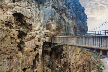 Bridge at famous mountain path El Caminito del Rey in El Chorro, Spain