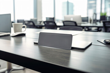 Close up of grey empty name plate in big openspace office on desk on background of laptop. Free space for writing the name of the department, position, name of the head or employee. Generative AI