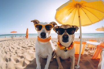 Fototapeta na wymiar A couple of Jack Russell Terrier dogs in sunglasses under an umbrella lie on the beach near the ocean. Vacation and tourist season concept. Generative AI