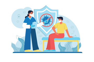 Medicine blue concept Covid with people scene in the flat cartoon design. The doctor vaccinates the patient against a terrible disease. Vector illustration.