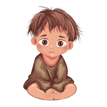 A child is an orphan. Vector image of a little boy. Concept of helping children, orphans, refugees because of war, deprivation of parental rights, loss of breadwinner. Homeless child.