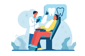 Stomatology medicine blue concept with people scene in the flat cartoon design. The dentist checks the condition of the patient's teeth after treatment. Vector illustration.