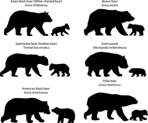 Silhouettes of bears and bear-cubs