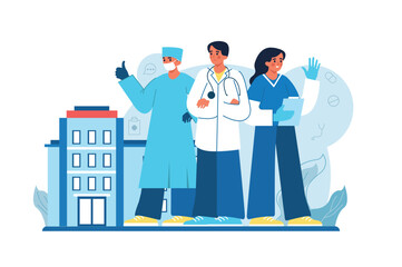 Hospital buildings medicine blue concept with people scene in the flat cartoon design. Doctors are standing near the hospital building. Vector illustration.