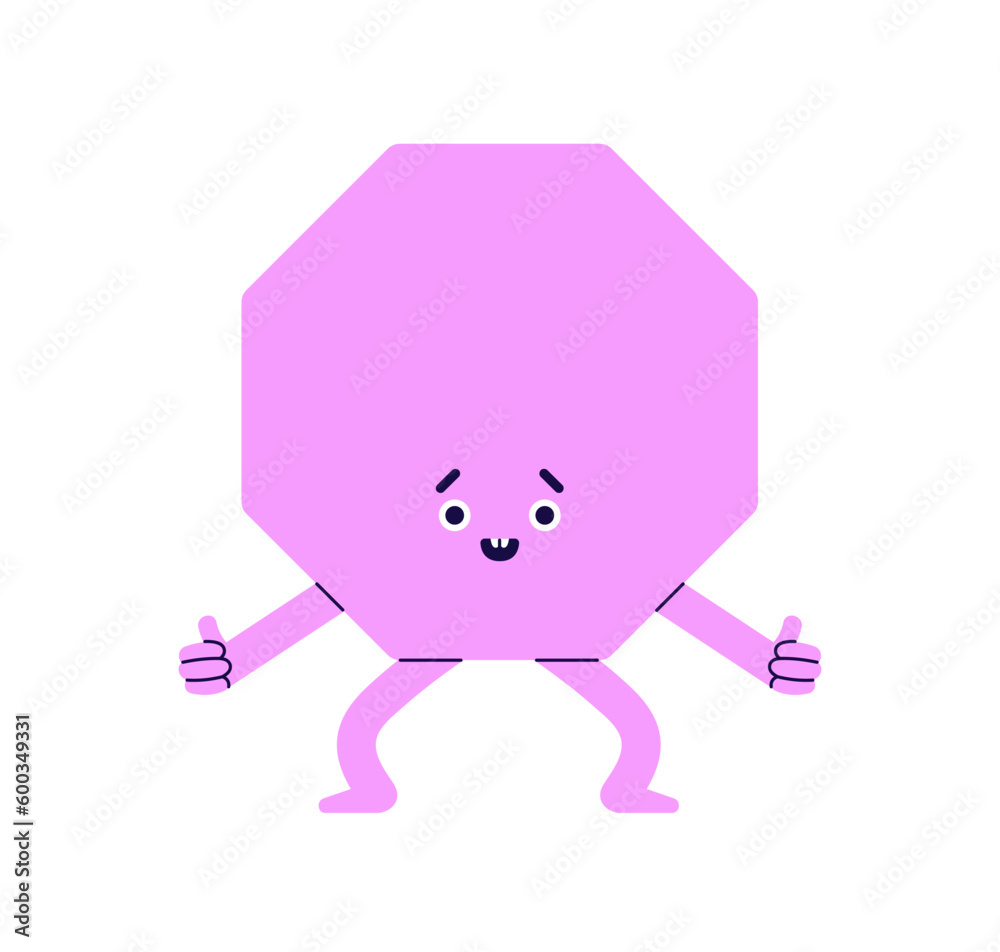 Poster Geometric shape character with happy funny face expression. Cute octagon head with arms and legs. Fun geometry element smiling. Childish flat graphic vector illustration isolated on white background