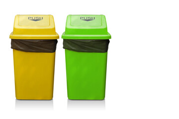 front view two bin, yellow and green bin and lid plastic on isolated background, object, clean, vintage, decor, keep, copy space