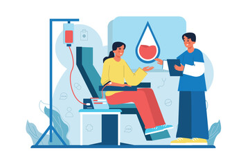 Blood transfusion medicine blue concept with people scene in the flat cartoon design. The girl came to the hospital to give blood as a donor. Vector illustration.