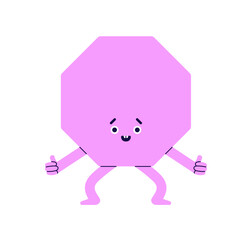 Geometric shape character with happy funny face expression. Cute octagon head with arms and legs. Fun geometry element smiling. Childish flat graphic vector illustration isolated on white background