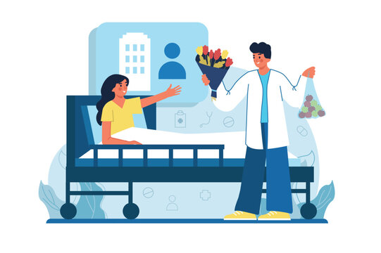 Hospital visitors medicine blue concept with people scene in the flat cartoon design. A man came to visit his wife in the hospital. Vector illustration.