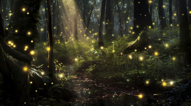 Generative AI, A hidden forest grove filled with fireflies © Tithiporn