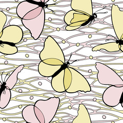 Seamless pattern butterflies on wavy and dots background, butter and piglet palette. Pink and yellow flying insects. Transparent background.
