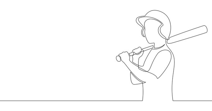 Animation of an image drawn with a continuous line. The boy is standing in a helmet and with a baseball bat. Silhouette of a young baseball player.