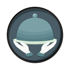 Plate with lid for a dish, plate for serving food.  Dishes for restaurants or hotels, badge, waiter's hand in glove , vector 