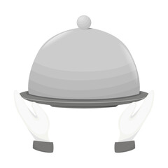 Plate with lid for a dish, plate for serving food.  Dishes for restaurants or hotels, badge, waiter's hand in glove , vector 