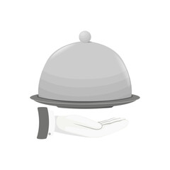 Plate with lid for a dish, plate for serving food.  Dishes for restaurants or hotels, badge, waiter's hand in glove , vector 