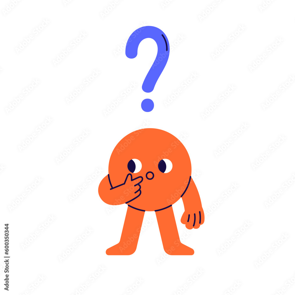 Poster cute geometric shape, funny puzzled confused circle character with difficult question. wondering fac