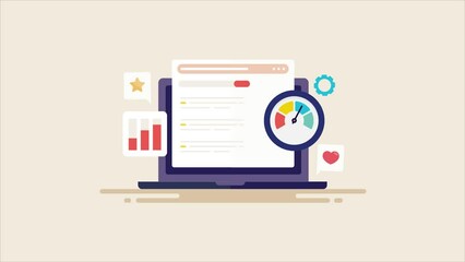 Web page loading speed with integrated social media with web content, data analytics on laptop screen. SEO optimization ranking development video animation.