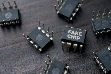 Fake chip concept: a bunch of integrated circuit on a wooden table
