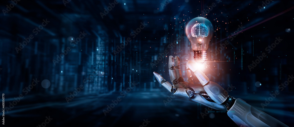 Poster Artificial Intelligence. AI, machine learning, Abstract, Hand of robotic holding Glowing colorful brain circuit in light bulb on big data processing, deep learning, innovation Science and technology