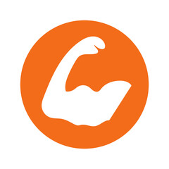 Round orange biceps icon. strength training. vector.