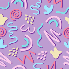 Colourful seamless doodle pattern with simple shapes in candy colors. Hand drawn minimalist style background. 