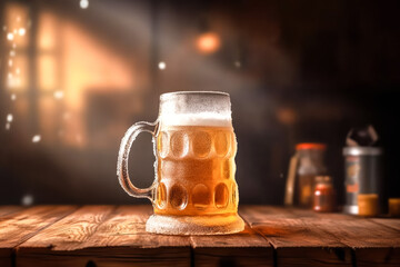 Beer glass with white beer foam on a wooden table background. Ai generated