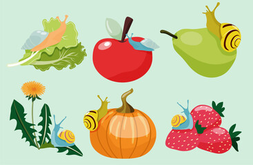 Colourful set of snails sitting on fruits and vegetables. 