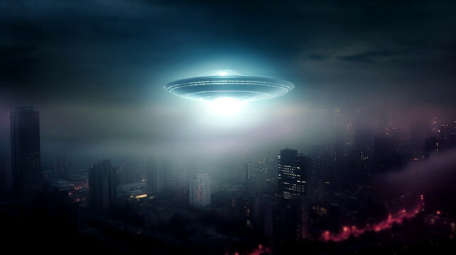 Unbekanntes Flugobjekt &uuml;ber einer Stadt. Fotorealistische UFO Illustration, Neblige, dramatische Stimmung, KI generiert