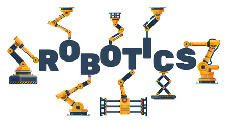Word robotics, folds in with robots and mechanisms. Robotic arms and letters. Modern technology, automatic electronic manipulators, mechanical tools. Cartoon flat isolated vector concept