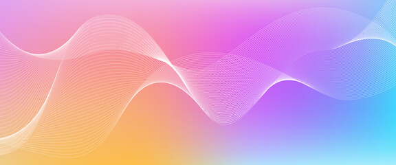 Blurred bright colors mesh background with wavy white lines. Colorful rainbow gradient