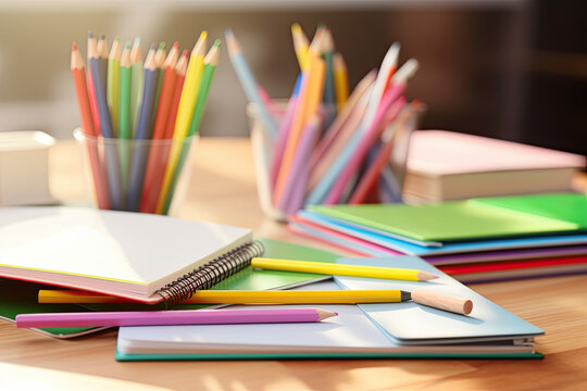 Schulb&uuml;cher und Stifte auf einem Tisch, Generative AI