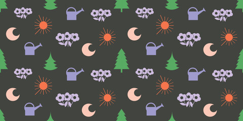 Colorful Seamless Texture of Green Flowers, Trees, Watering Cans and Crescent Moons - Pattern on Dark Wide Scale Background Seasonal Wallpaper Design, Template for Web in Editable Vector Format
