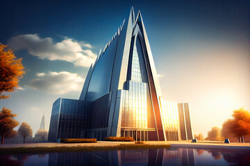 Obraz premium The Beauty of Glass Architecture with a Blue Sky. Large Office Building with many windows. Generative AI.