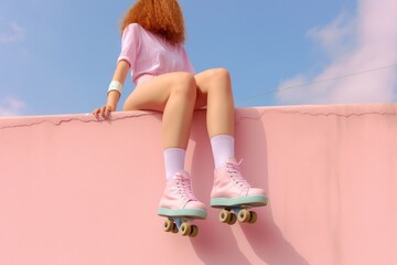 Photo of a woman sitting on a wall with roller skates. She has white shorts and the wall is millennial pink Y2k aesthetic.. Generative AI. - obrazy, fototapety, plakaty