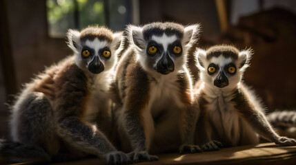 Obraz premium Curious Lemur Family Investigating Their Surroundings. Generative AI