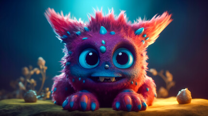 Fototapeta premium Cute and cuddly monster. Furry friend with big, friendly eyes and a cheerful grin. Generative AI