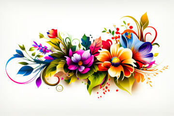 Elegant Floral Border.  Various colorful flowers on white background.  Generative AI.