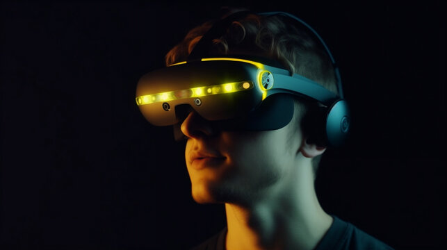man wearing a vr device with a black background Generative AI