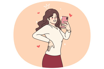 Happy millennial pretty girl male self-portrait picture of cellphone. Smiling young woman blogger or social media influencer take selfie on smartphone camera. Flat vector illustration. - obrazy, fototapety, plakaty