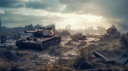 Thundering Tank on the Battlefield.  In the Heart of the Battle. Generative AI