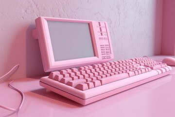 Pink computer keyboard with computer screen, y2k aesthetic. Generative AI.
