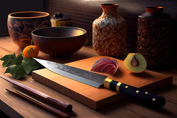 Fotobehang Japanese Kitchen knife.  Generative AI. © EwaStudio