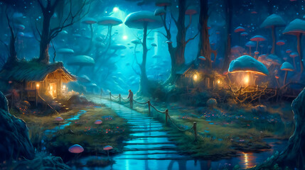 Fototapeta premium Luminous Blue Mushroom Path Forest in the Light of the Moon. Generative AI