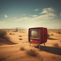 Kontraste der Leere: Roter Stuhl in der Wüste - obrazy, fototapety, plakaty