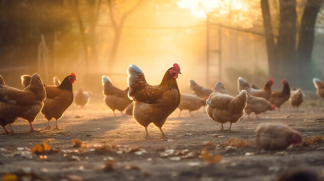 Hens, Roosters, and Chicks. Life on the Farm. Generatine AI.Generative AI