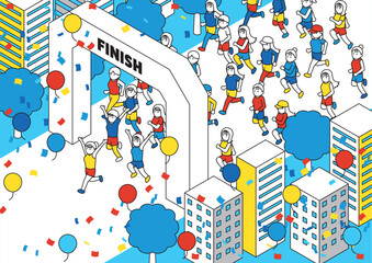 アイソメトリック　走る女性　ゴール　フィニッシュ
