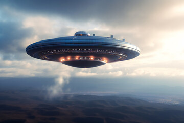 Fototapeta na wymiar Mysterious UFO sighting over the distant horizon during a cloudy dusk. Generative AI