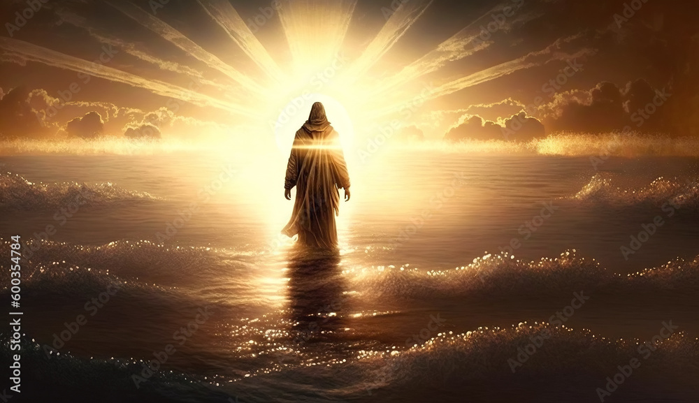 Wall mural God Jesus Christ walks on water on sea at sunset with sun's holy rays. Biblical Religious History. Generative AI illustration