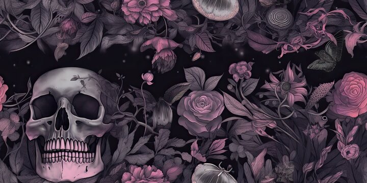 AI Generated. AI Generative. Background pattern with dark moody forest flowers and skulls. Halloween magic scary spooky vibe. Graphic Art