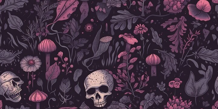 AI Generated. AI Generative. Background pattern with dark moody forest flowers and skulls. Halloween magic scary spooky vibe. Graphic Art